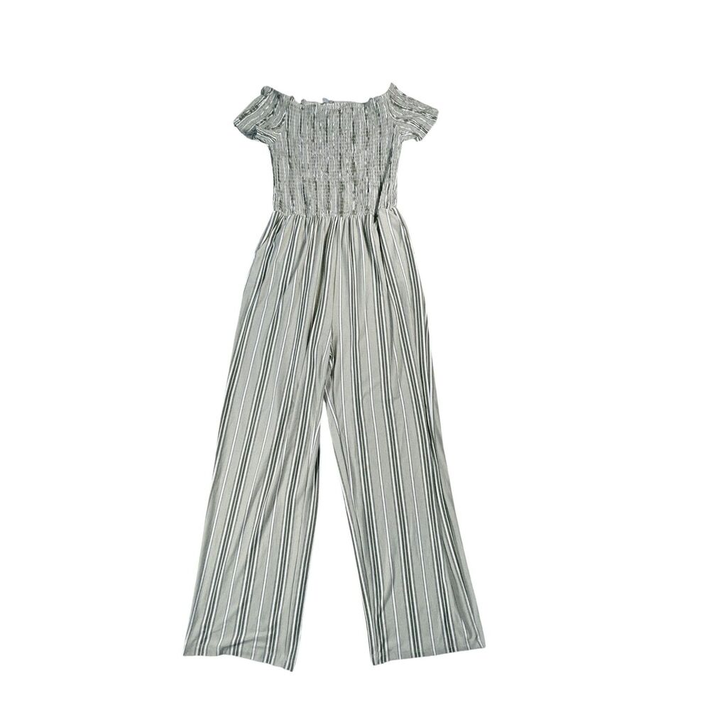 J for Justify Girls Striped Smocked Jumpsuit Size 16 Green Wide Leg Off Shoulder